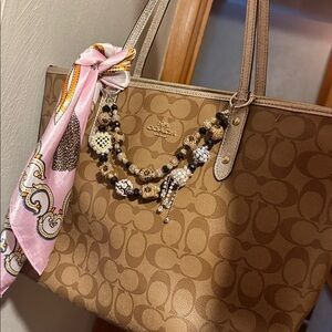 Coach Tan Signature Tote with Pink Scarf n bling chain